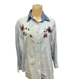 VTG? "Solutions" Original Striped Winter Embrod. Denim Collar Shirt L Christmas